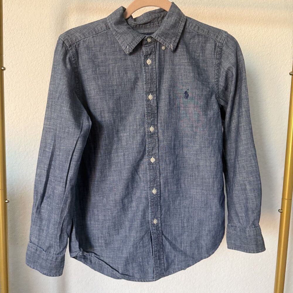 Ralph Lauren Boys Button Up Collared Dress Shirt Size 14 Blue Gently Used